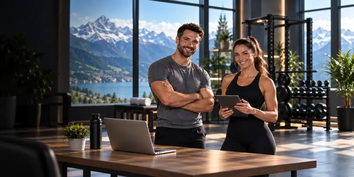 Personal Trainer und Ernährungscoach im Trainingsstudio vor Bergkulisse