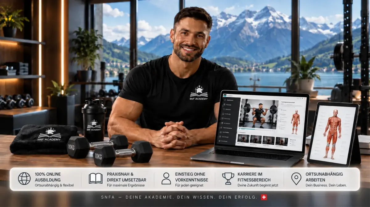 Lächelnder Coach im SNF-Academy-Shirt am Tisch mit Laptop und Kurzhanteln, darunter Icons zu Vorteilen der Ausbildung